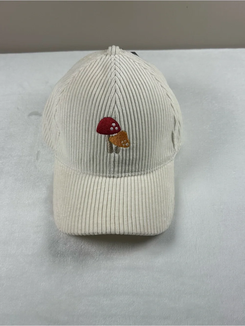 Cream Corduroy Baseball Cap with Embroidered Red & Mustard Mushrooms